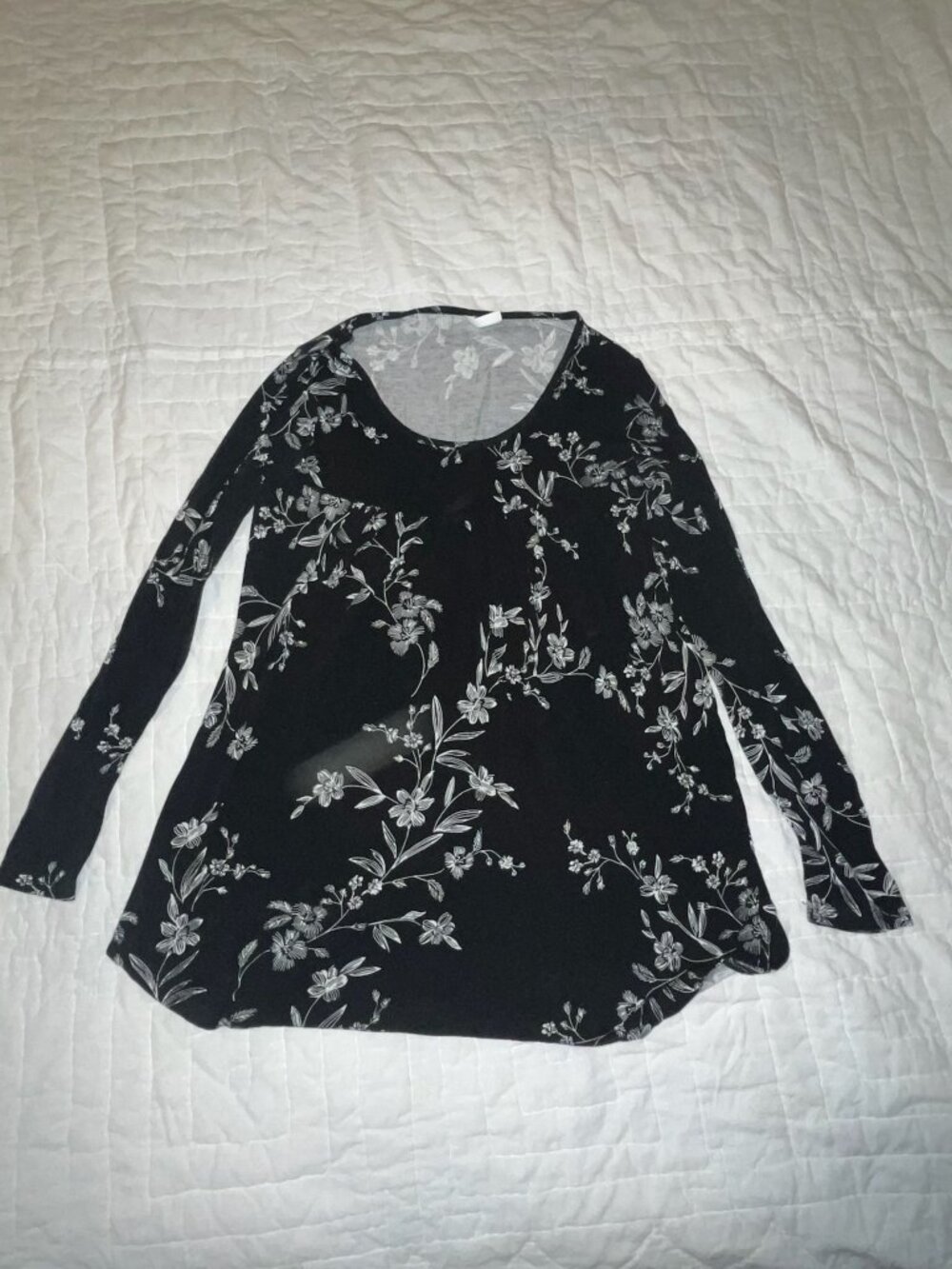 Longyuan Womens Black Floral Long-Sleeve Tunic Top Size S Lightweight